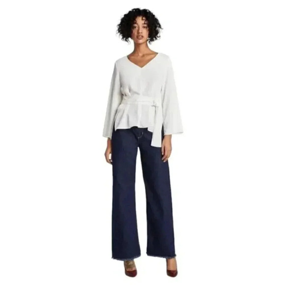Zara White Blouse Top With Belt  V-Neck Flowy Size Small - Picture 2 of 14